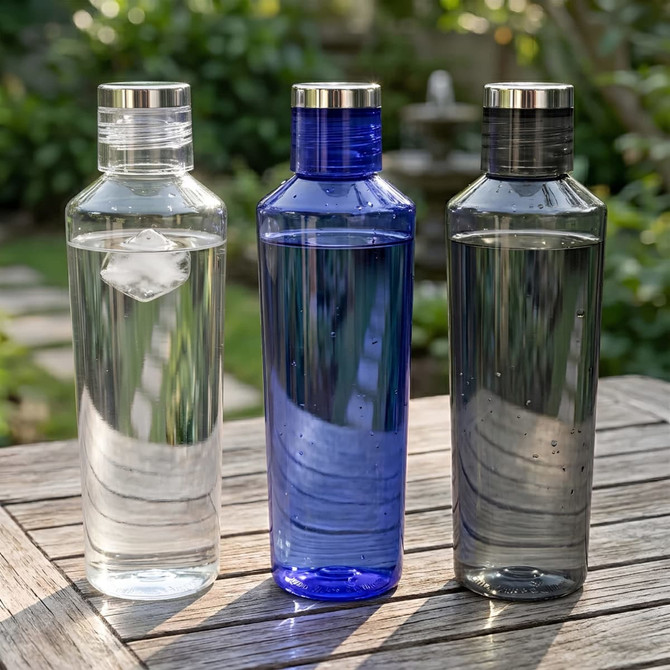 A drink bottle trio featuring translucent designs in clear, blue, and grey colours with stainless steel lids.