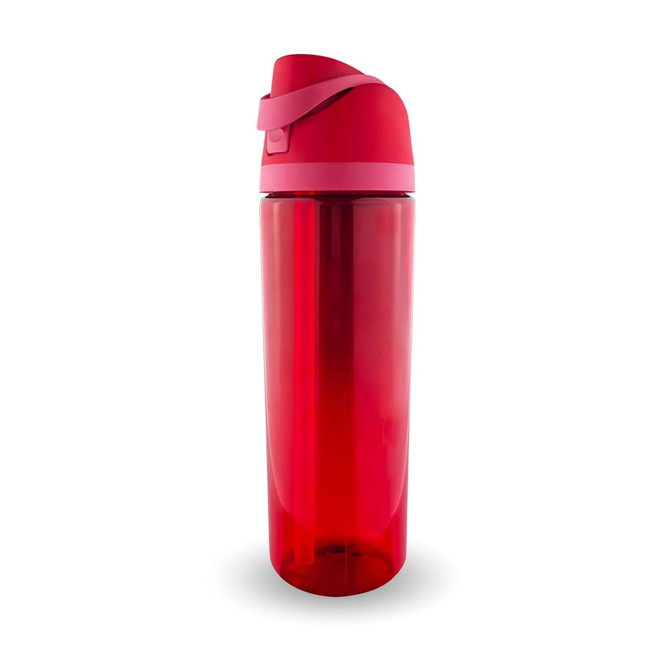 A drink bottle with a transparent red body and a pink lid, featuring a logo.