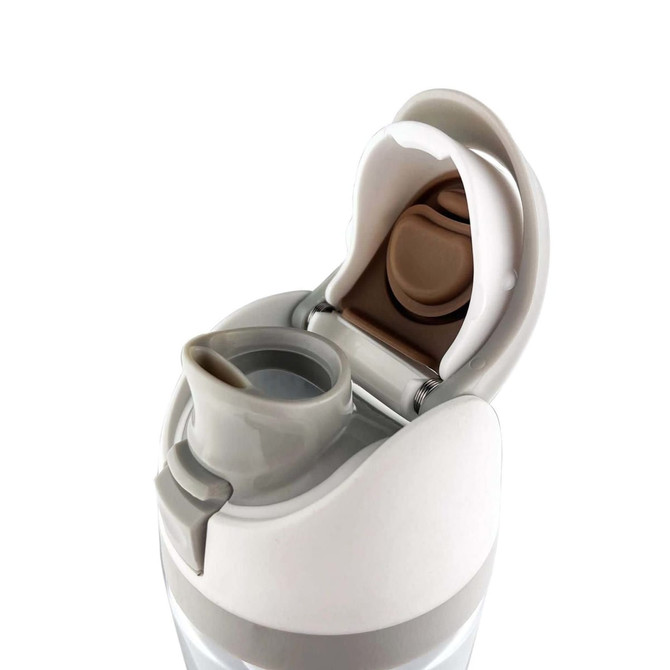 A drink bottle in clear plastic with a grey and white lid, featuring a flip-top spout and a drinking nozzle.