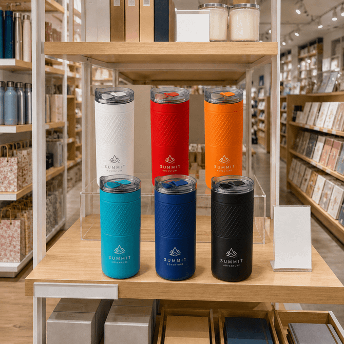 A drink bottle display featuring six Siena Vacuum Tumblers in white, red, orange, blue, black, and teal, with branding.