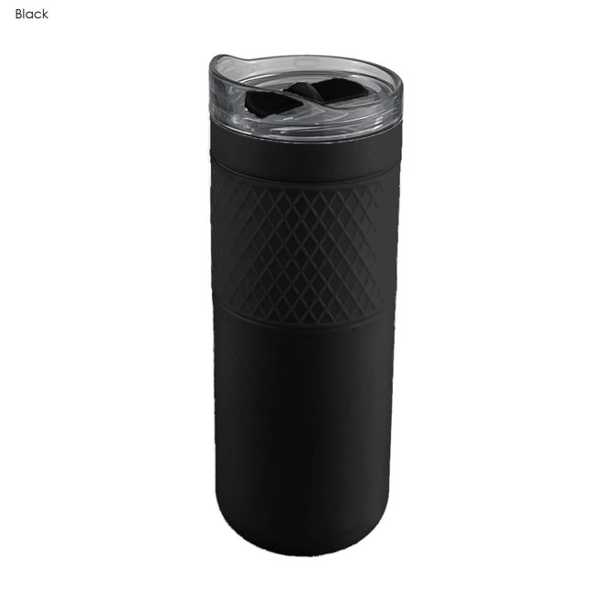 A drink bottle in matte black with a textured grip and a clear lid featuring dual openings. Includes a logo.
