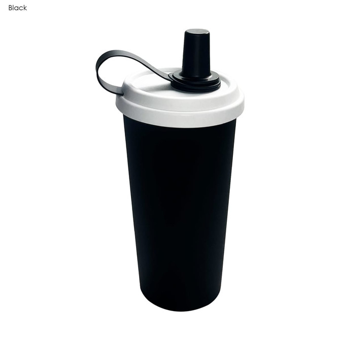 A black double wall plastic tumbler with a white lid and a spout, featuring a carrying handle.