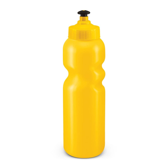 A drink bottle in a vibrant yellow color with a squeezable body and a black nozzle cap.