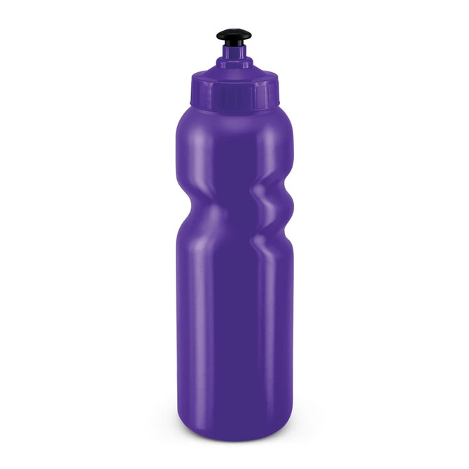 A drink bottle in a sleek purple design with a squeezable body and a black drinking nozzle on top.