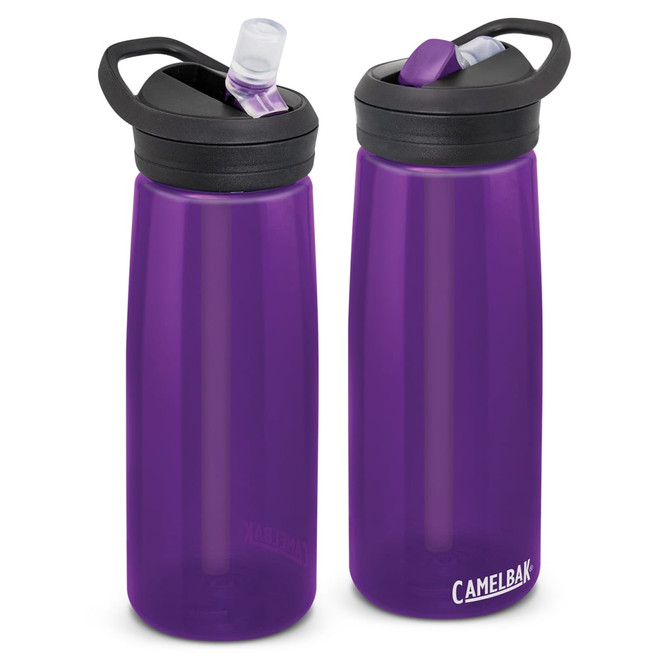 A drink bottle in purple with a black lid and straw, featuring a logo. Ideal for hydration on the go.