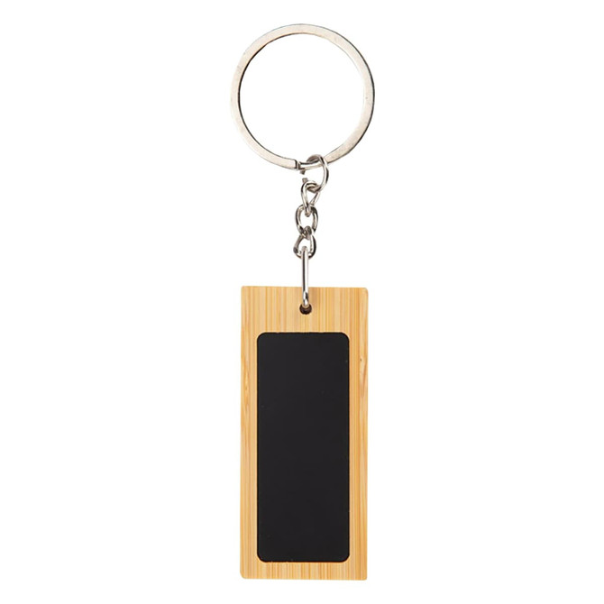 A rectangular bamboo keyring with a black centre, attached to a silver keychain.