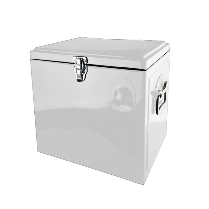 A white metal ice cooler box with a chrome latch and handle, featuring a logo on the side.