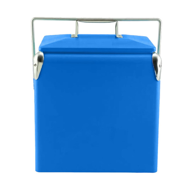 A blue retro metal ice cooler box with a silver handle, featuring a square design and lid.