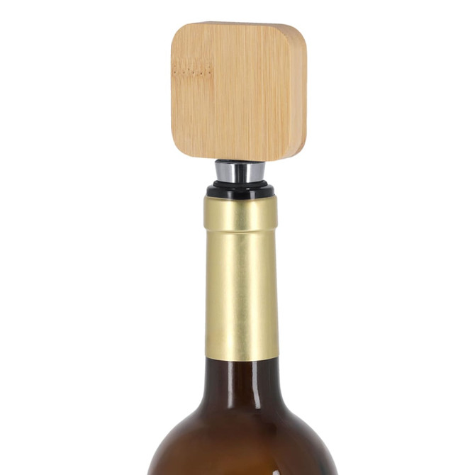 A drink bottle with a bamboo wine stopper opener, featuring a square top and metallic base.