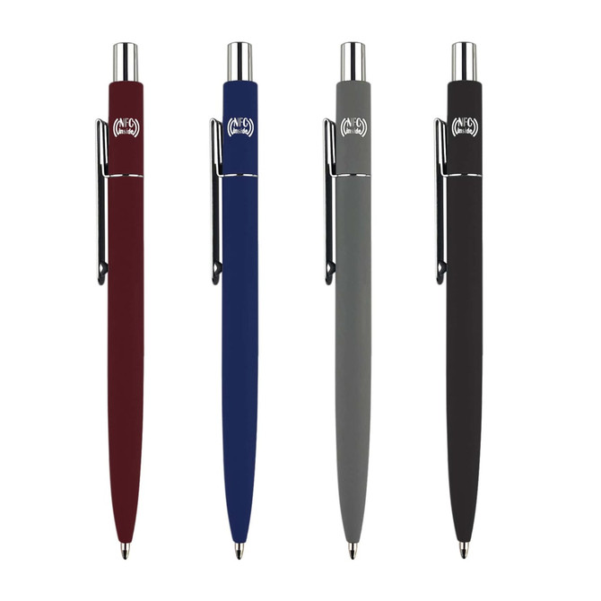 A set of four metal pens in burgundy, blue, grey, and black, each featuring a logo on the barrel.