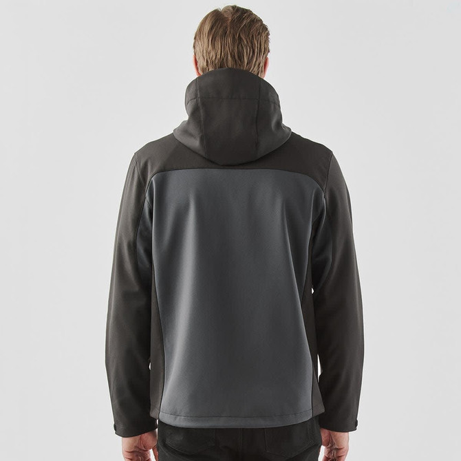 A men's hooded softshell jacket in dark grey, featuring a sleek design and a hood. It has a branding logo on it.