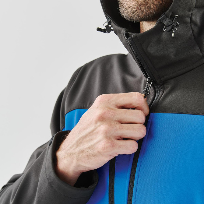 A men's hooded softshell jacket in black and blue, featuring a zippered front and adjustable hood.
