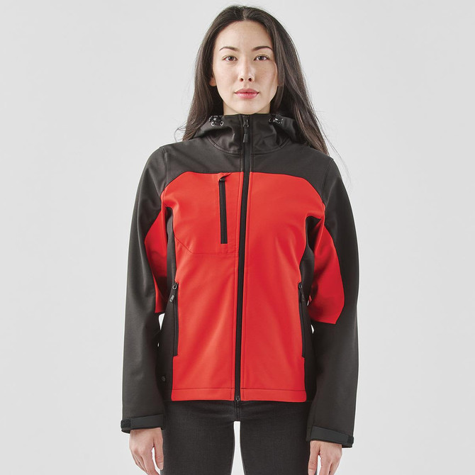 A hooded softshell jacket in red and black, featuring a zippered front pocket and a logo on the chest.