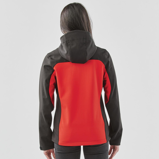 A hooded softshell jacket featuring a black and red colour scheme, with a fitted design and a logo on the back.