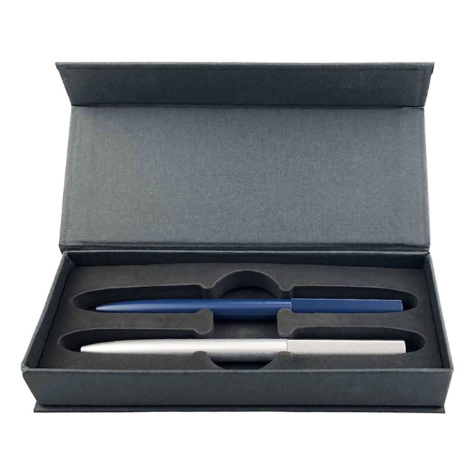 A gift box containing two metal pens, one silver and one blue, in a padded interior.