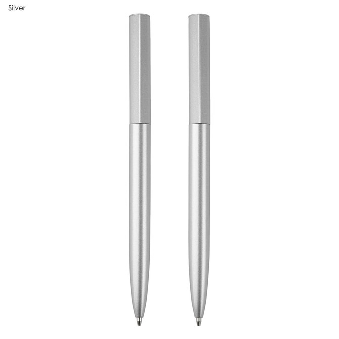A silver pen gift set featuring two metal pens, elegantly designed with a sleek finish. Includes branding.