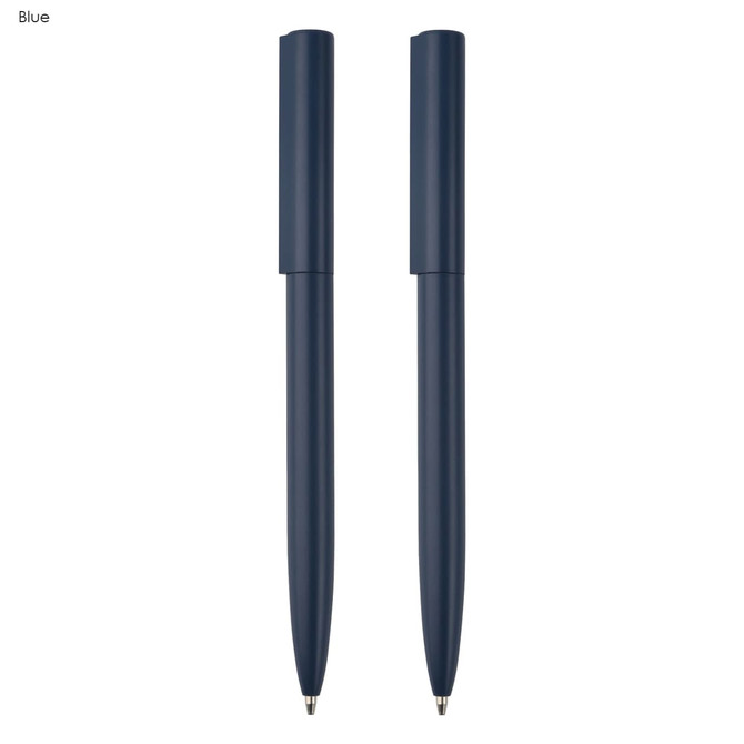 A navy blue metal pen gift set featuring two sleek pens, each with a stylish design and a logo.