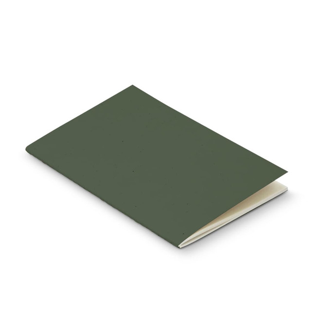 A dark green soft cover notebook made from recycled paper, featuring an open spine and blank pages.