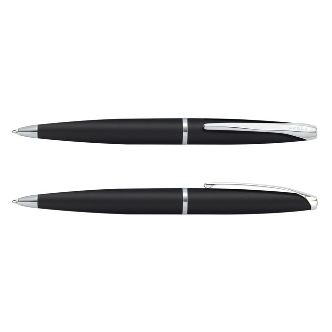 A sleek black Cross ATX ballpoint pen, featuring a silver clip and accents, displayed from two angles.