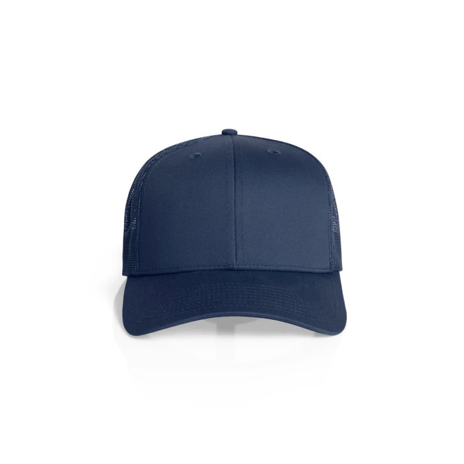 A navy blue mesh trucker cap featuring a solid front panel and breathable mesh sides. It includes a branding logo.
