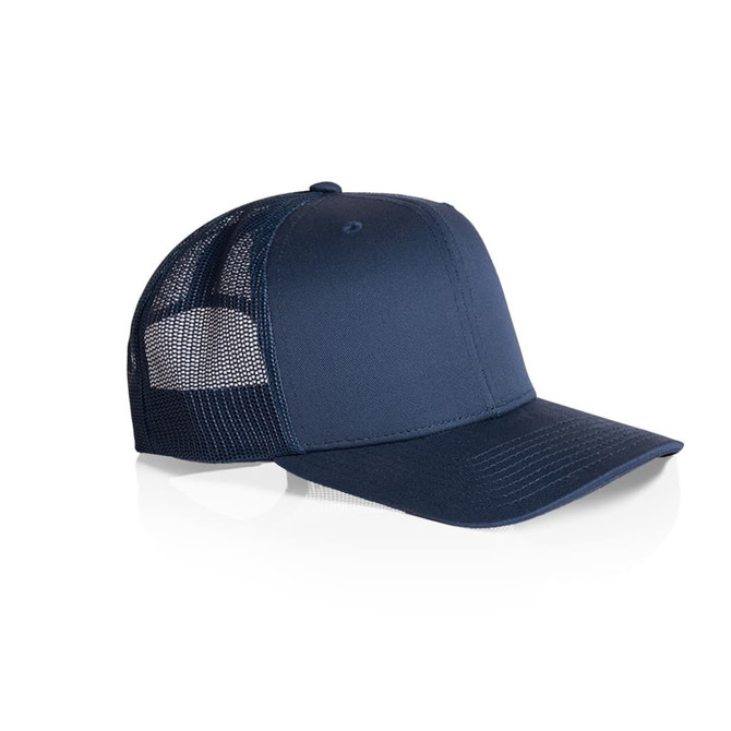 A navy Mesh Trucker Cap featuring a solid front and mesh panels at the back, with a logo on the front.