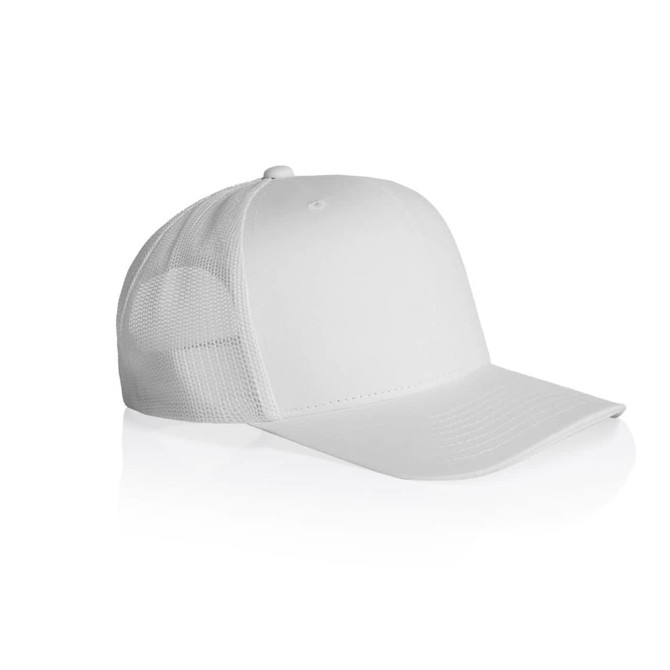 A white mesh trucker cap featuring a solid front panel and a mesh back, with a curved brim and a logo.