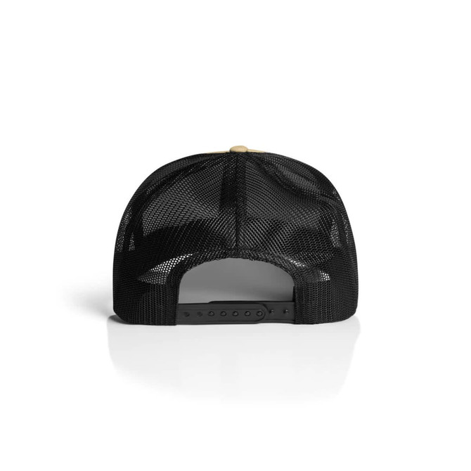 A black mesh contrast trucker cap featuring a snapback closure and a logo on the back.