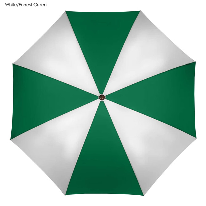 A golf umbrella in white and forest green, featuring an eight-panel design and a central hub.