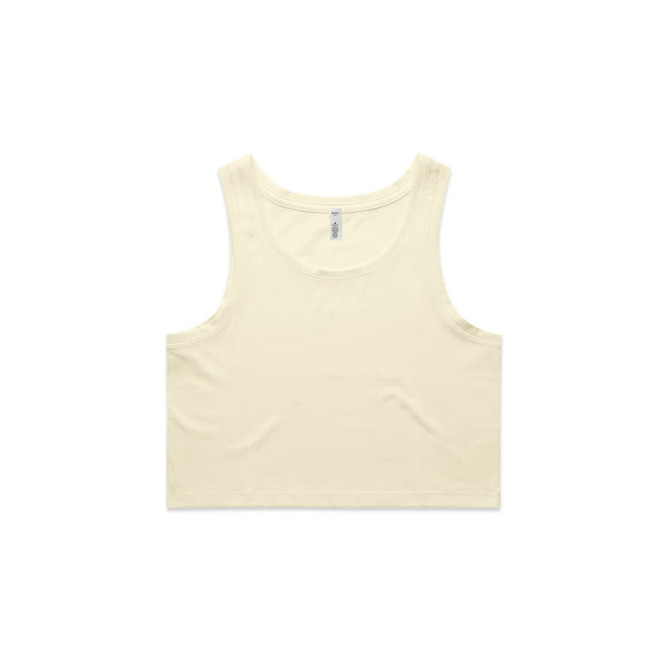 A light yellow crop singlet with a simple design and a logo on the label.