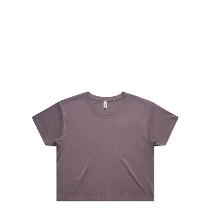 A purple cropped t-shirt with short sleeves and a plain design, featuring a branding label inside.