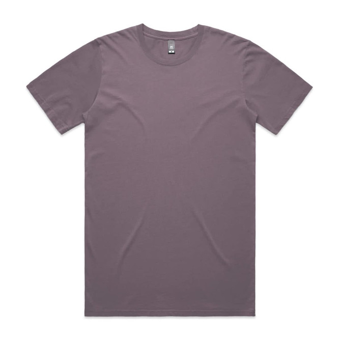 A plain, faded purple T-shirt with a crew neck and short sleeves, featuring a small logo on the label.