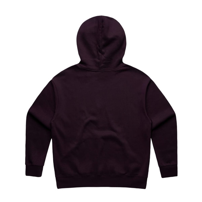 A purple hoodie with a hood, featuring a plain back and cuffed sleeves. Includes a branding logo.