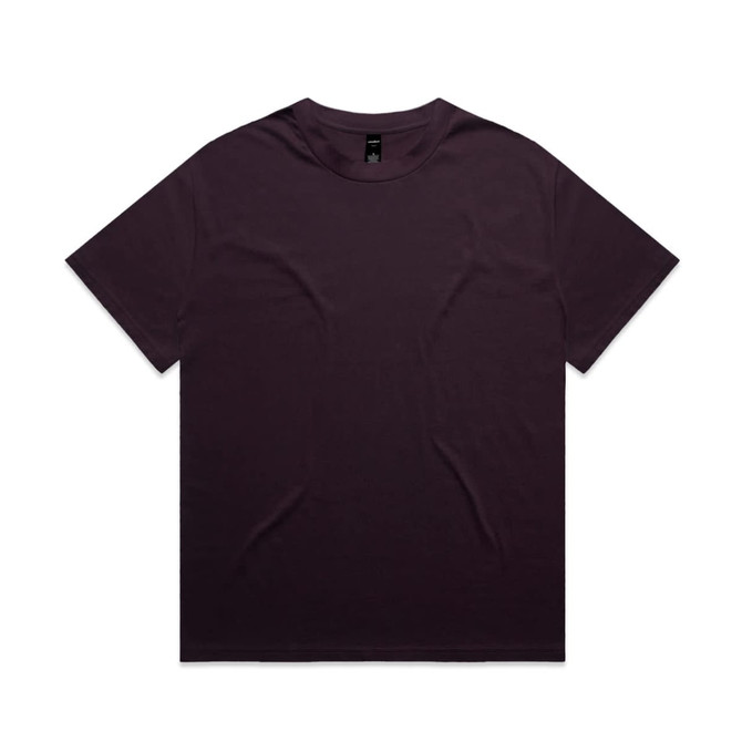A short-sleeved, heavy tee in a rich dark purple colour, featuring a tag and a logo.