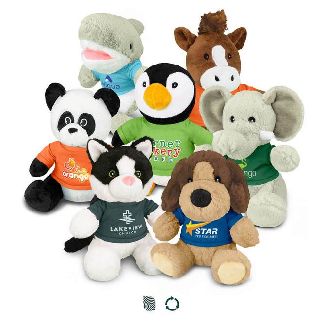 A collection of assorted plush toys in various colours, including a panda, elephant, penguin, and more, wearing different shirts.