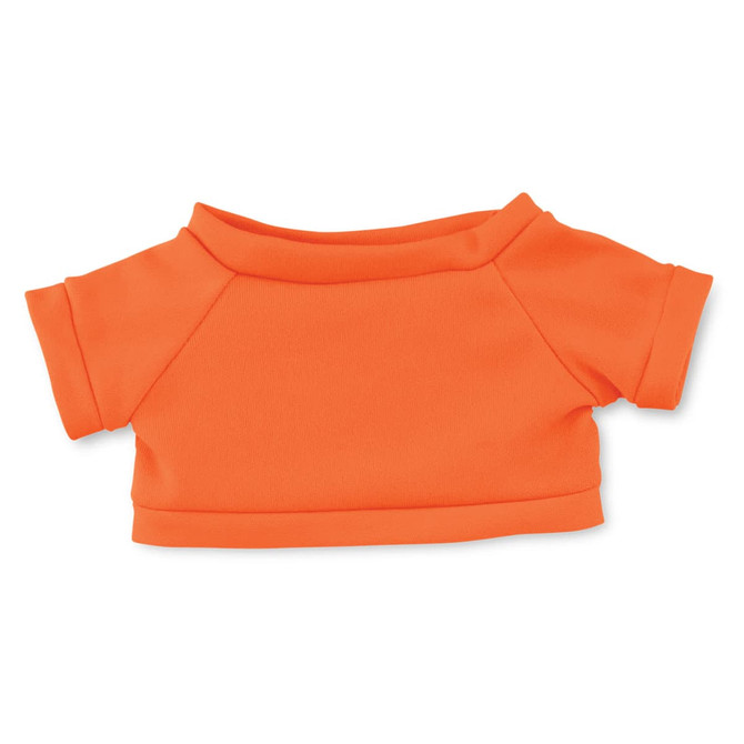 An orange plush toy shirt with short sleeves and a rounded neckline. It features a simple design without text or logos.
