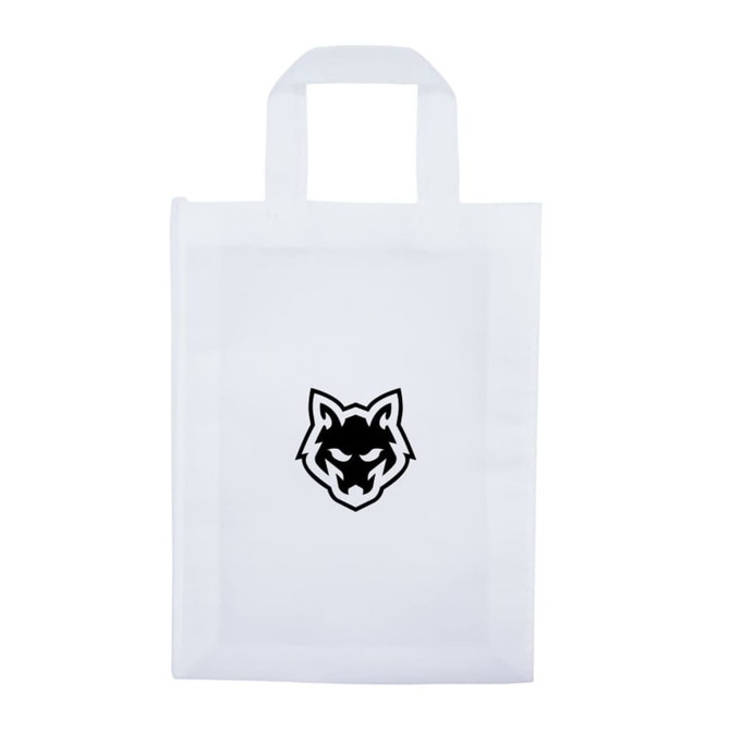 A white promotional bag featuring a black logo of a wolf's head and two handles for carrying.
