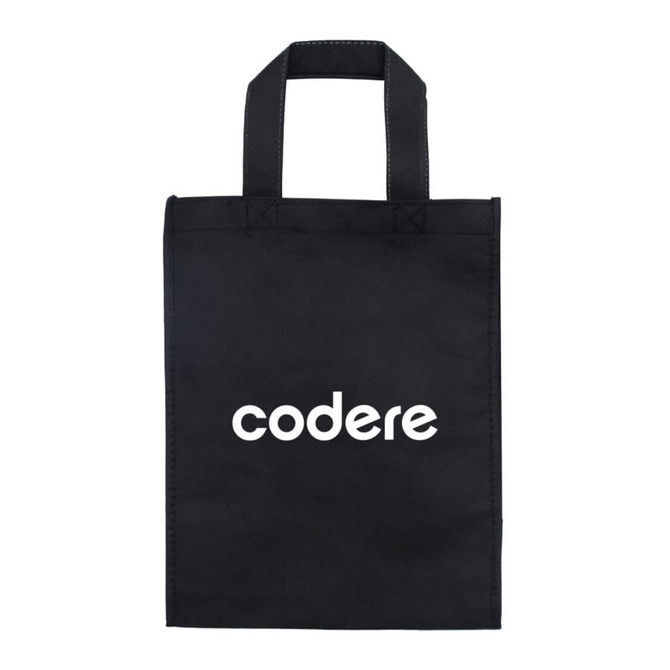 A black tradeshow bag with two handles and a white logo on the front.