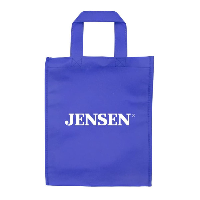 A purple tradeshow bag with two handles and a white logo.