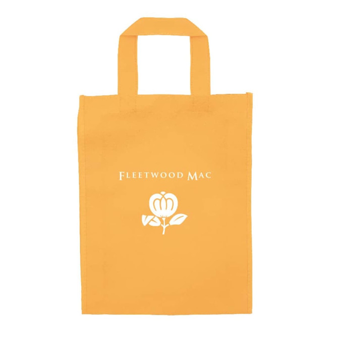 An orange tradeshow bag with handles, featuring a logo and flower design in white.