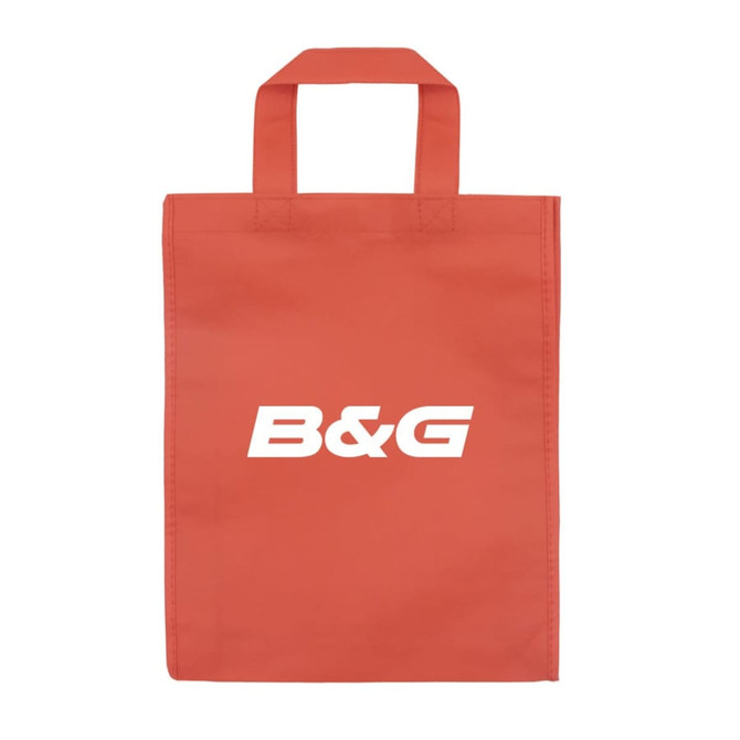 A red tradeshow bag with two handles and a logo on the front.