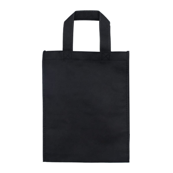 A black tradeshow bag with two handles, featuring a simple design and no visible branding.