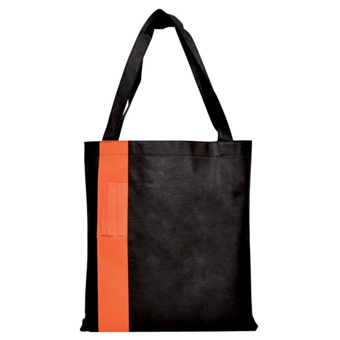 A black tote bag with an orange stripe and a pocket. Features sturdy handles and a simple design.