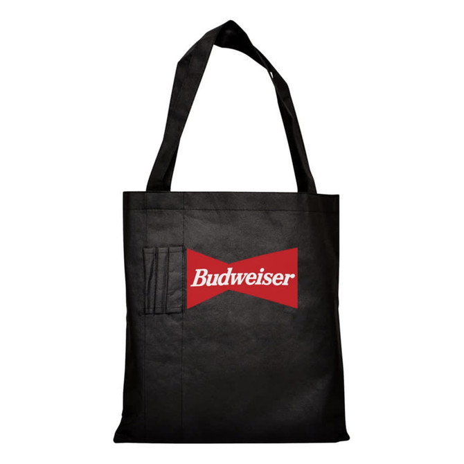 A black tote bag with a red logo. Features a pocket on the front and sturdy shoulder straps.