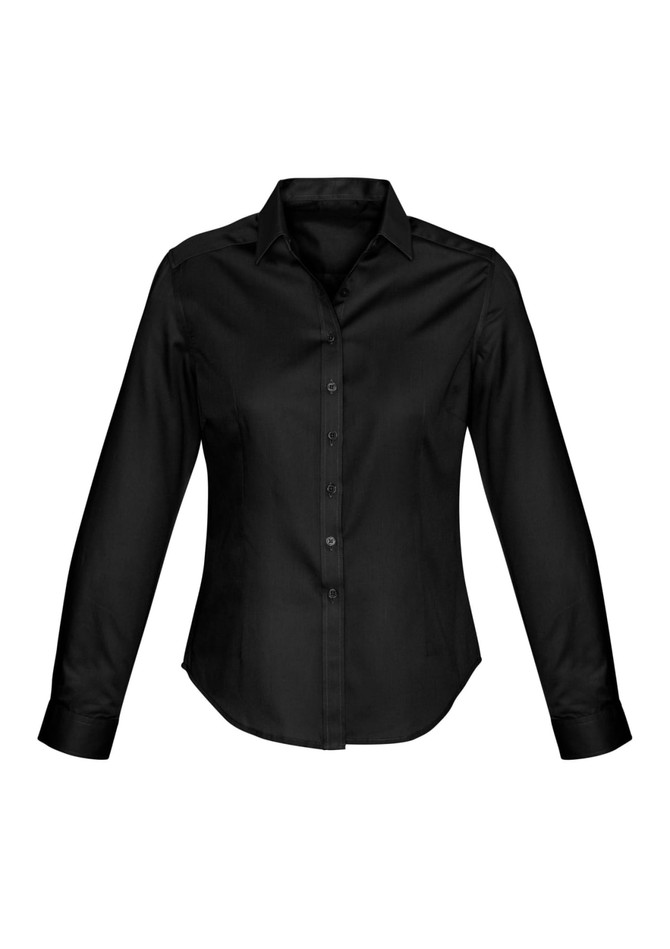 A black long sleeve button-up shirt for women, featuring a collar and a fitted design. It has a logo on the fabric.