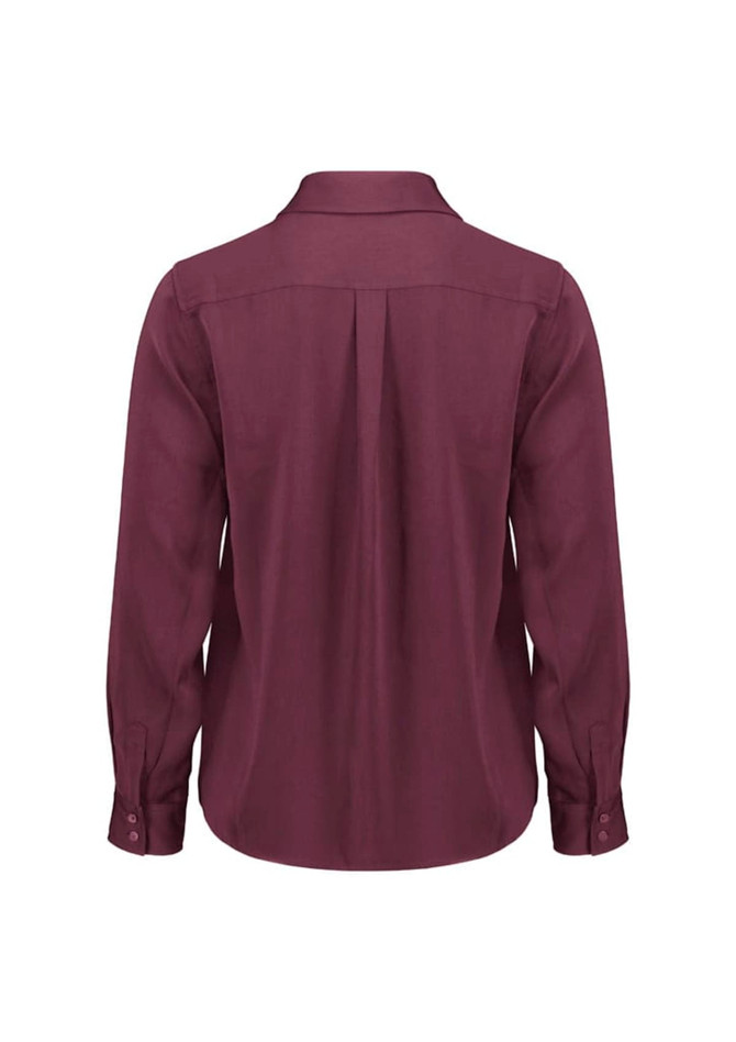 A burgundy women's long sleeve button-up shirt featuring a classic collar and a back pleat, with a logo present.