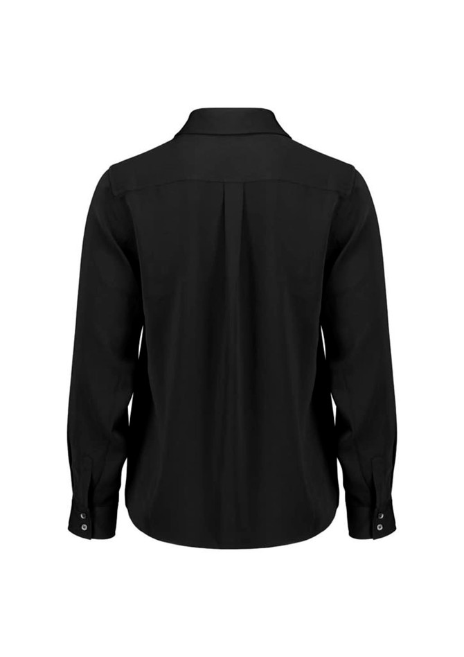 A black long sleeve shirt with a collar and buttoned cuffs, featuring a pleated back design.