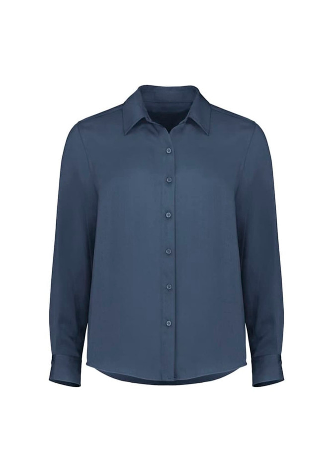 A navy long sleeve shirt with a collared neckline and button-up front, featuring long sleeves and a relaxed fit.