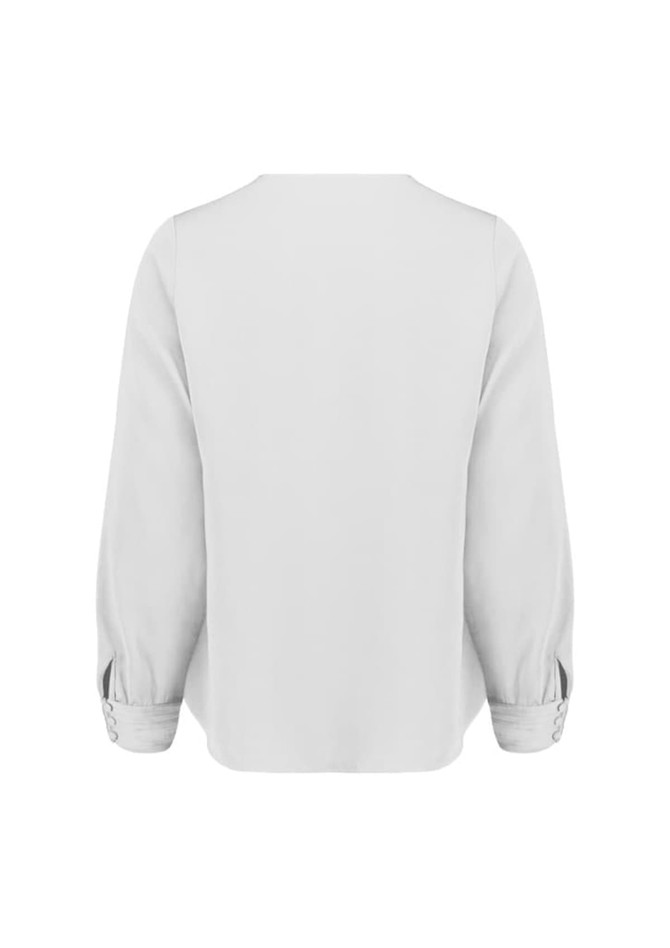 A light grey women's long sleeve blouse with button details on the sleeves and a simple back design.