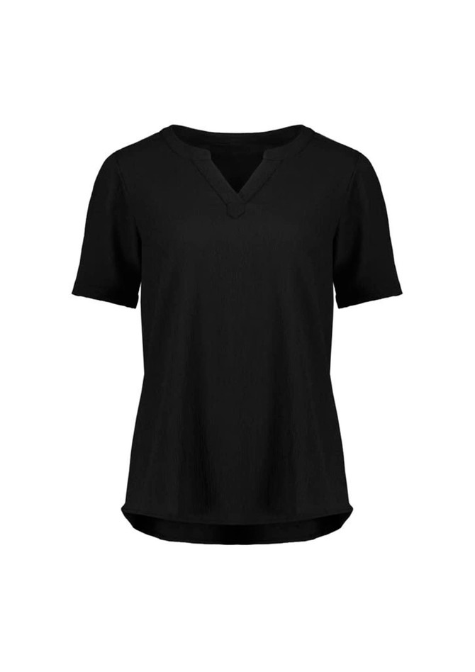 A black women's short sleeve blouse with a V-neck and a relaxed fit. The blouse features ruching details and has a logo.