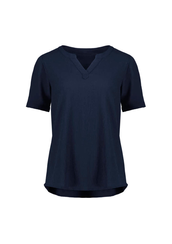 A navy women's ruché short sleeve blouse with a V-neck and a slightly curved hem. Features a simple design and has a logo.